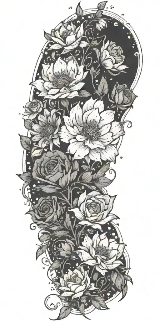 An Intricate Tattoo With A Vine Of Daisys Cosmos Flowers And Roses