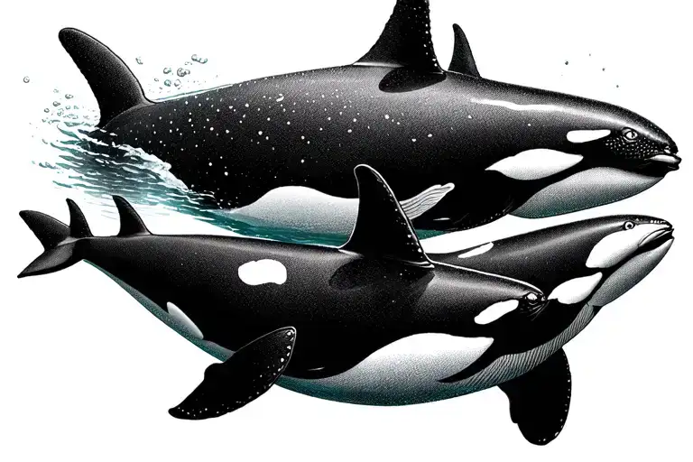 Orca Whale Swimming With 2 Baby Orcas Swimming Underwater