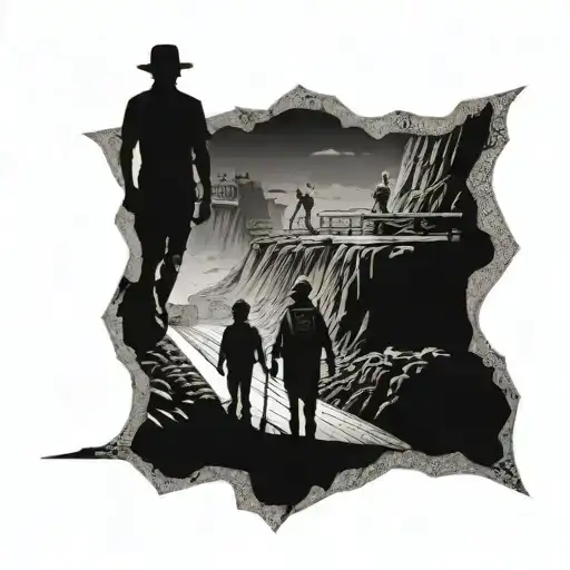 An Intricate Underground Mining Scene With A Silhouette Of A Family In The Background