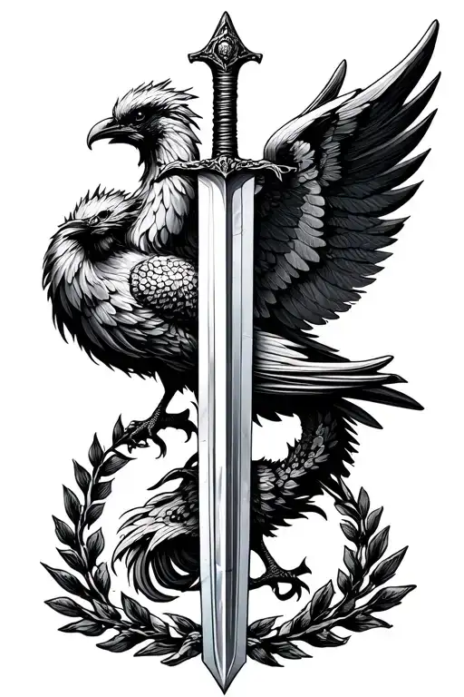 Sword With Straight Blade Pointed Down With A Laurel Wreath And Pheonix With Stretched Wings