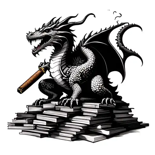 A Cigar Smoking Dragon Emerging From A Pile Of Rock Music Albums