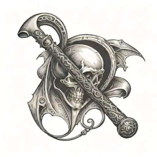 A Tattoo Of A Reaper's Scythe Intertwined With A Stethoscope In A Dotwork Style