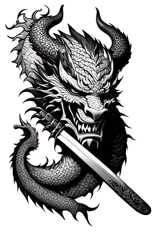 Oni Mask With Katana And A Dragon