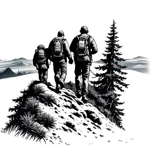 A Father And His Two Sons Hiking Up A Mountain Trail With A Beautiful Sunset In The Background