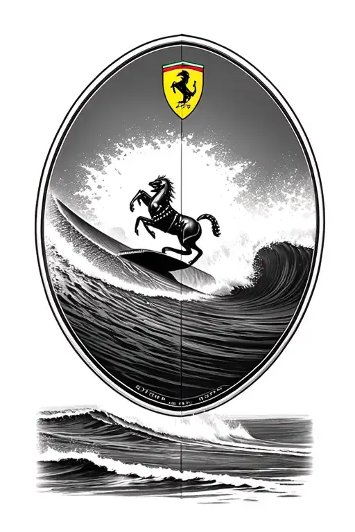 A Surfboard With Ferrari Branding Riding A Wave