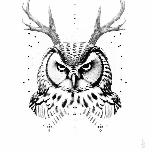 Human Face With Owl And Deer