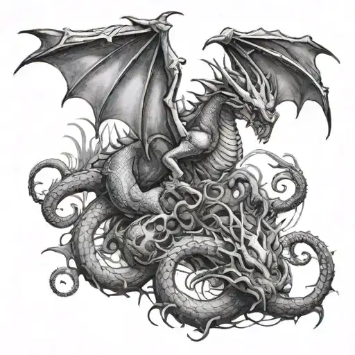 A Mystical Fantasy Tattoo Of A Dragon Battling A Giant Spider In A Video Game-inspired World