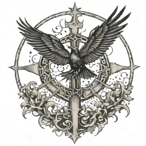 Murder Of Crows Circling Around A Christian Cross With A Black Metal Symbol In The Center