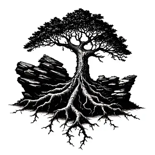 An Intricate Tree Design With Roots Breaking Through Rocks Symbolizing Perseverance And Strength