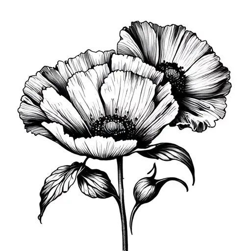 Poppy And Forgot Me Not Flower Tattoo Black White
