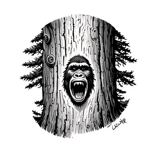 A Tree Trunk With Bigfoot Peeking Out From Behind It In A Dotwork Style