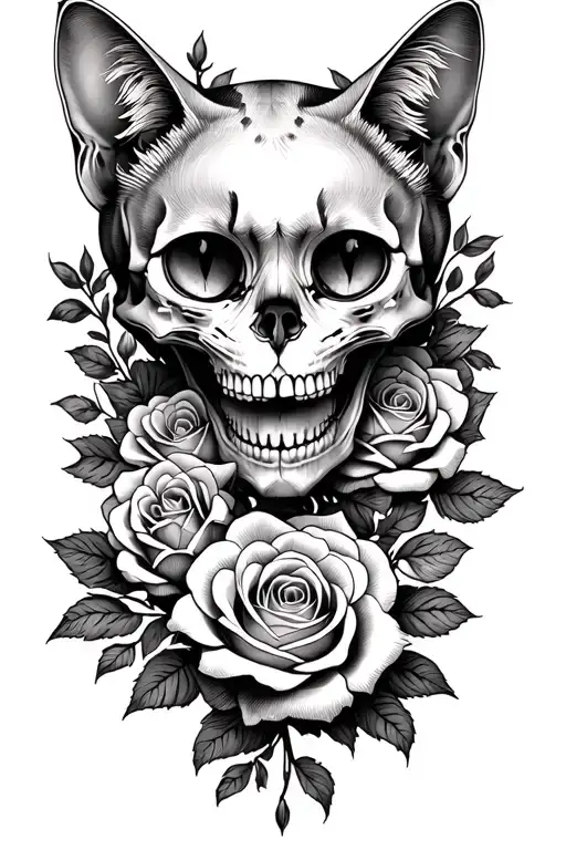 Cat Skull And Roses Entwined