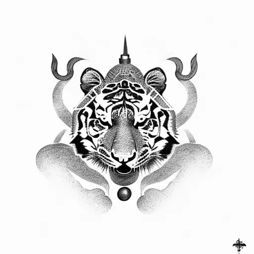 A Dotwork Tattoo Of A Tiger Leaping Over A Barbell With Tribal Patterns