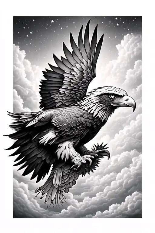 Eagle Wing Half Sleeve With Cloudy Sky Background And Negative Space Stars