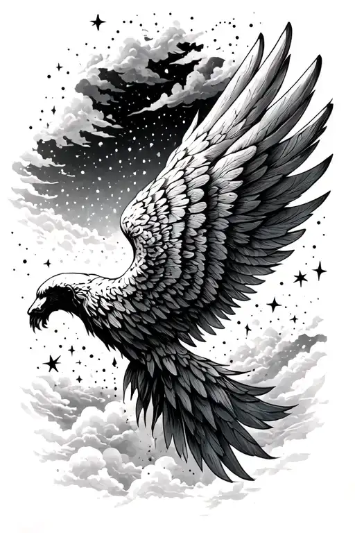 Wing Half Sleeve With Cloudy Sky Background And Negative Space Stars