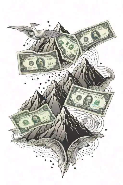 A Mountain Range With Dollar Bills Blowing In The Wind As A Tribute To The Hills And Money