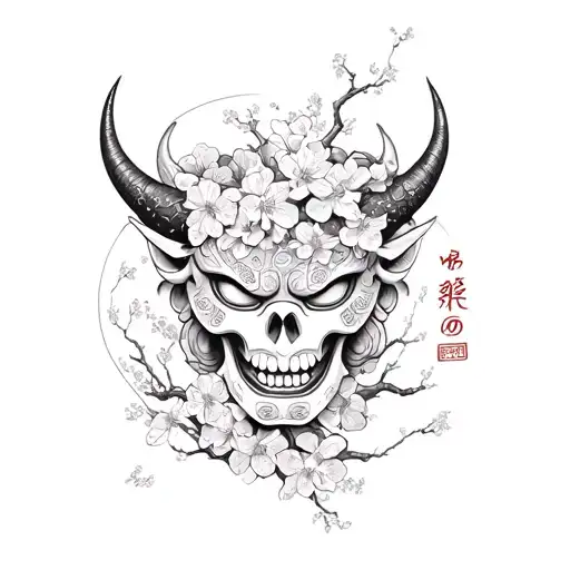 Half Oni Mask With Cherry Blossom And Japanese Life Death Kanji Symbols