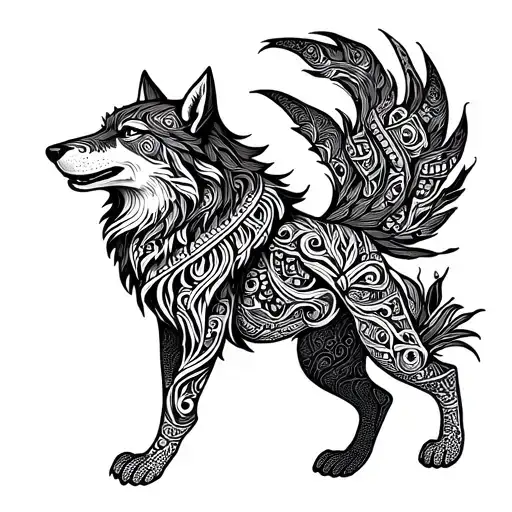 A Tribal-inspired Design Featuring A Dancing Wolf In Dotwork Style
