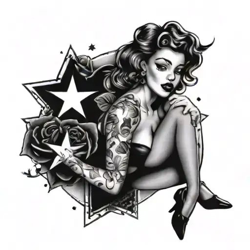 A Pin Up Girl With Roses Behind Her With Some Nautical Stars And A Shady Background