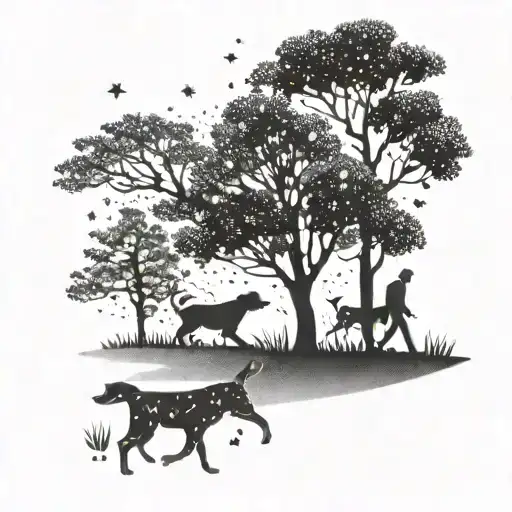 A Stylish Silhouette Of A Person Walking A Pack Of Fashionable Dogs Under A Tree Filled With Stars