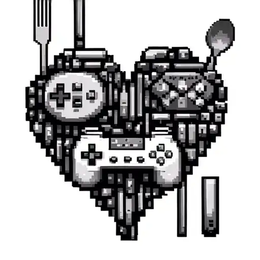 A Pixelated Heart Made Up Of Kitchen Utensils And Game Controllers