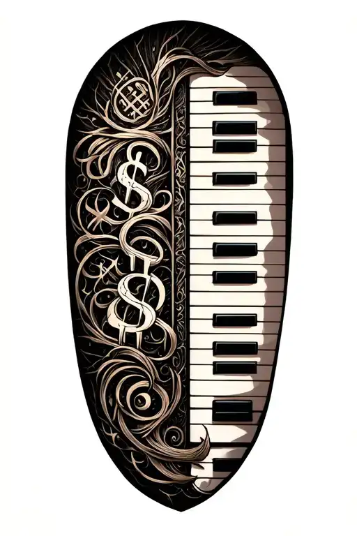 An Intricate Tattoo Of A Piano Keyboard With Hidden Scammer Symbols Incorporated