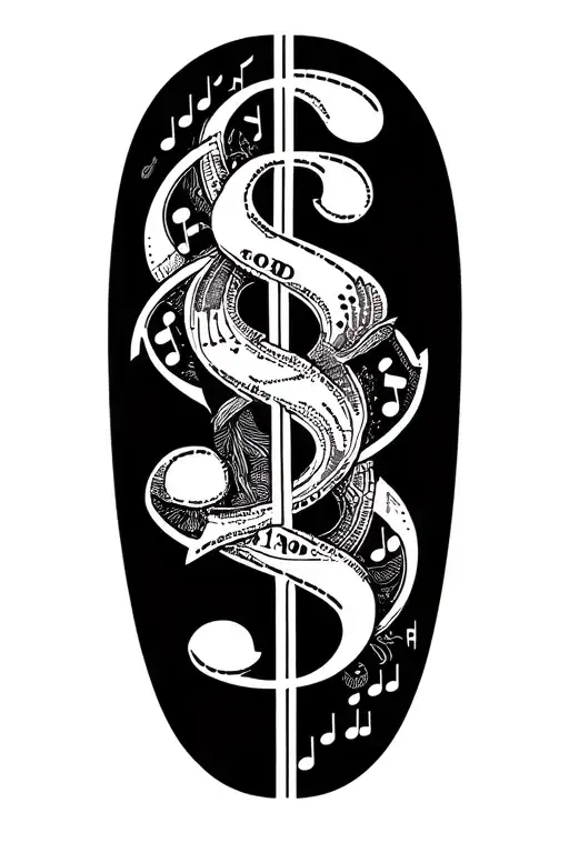 An Abstract Tattoo Of A Dollar Bill With Hidden Musical Notes And Scammer Motifs