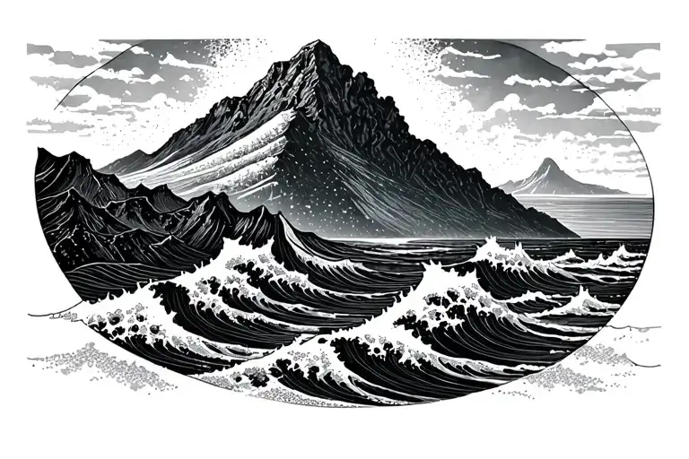Mountain And Waves Crashing In The Background