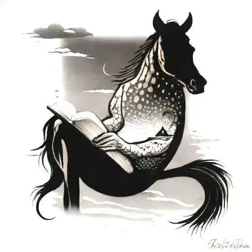 A Dotwork Tattoo Of A Horse Reading A Book On A Beach In The Bahamas