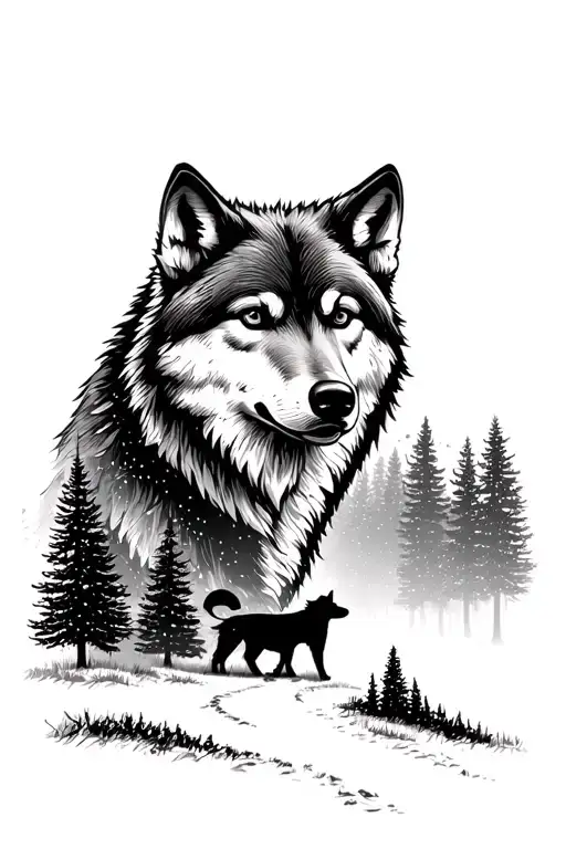 Large Wolf Head On Top Of Baby Wolf Silhouette Underneath Him With A Path Through Pine Trees
