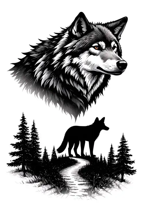 Large Wolf Head On Top Of Baby Wolf Silhouette Underneath Him With A Path Through Pine Trees