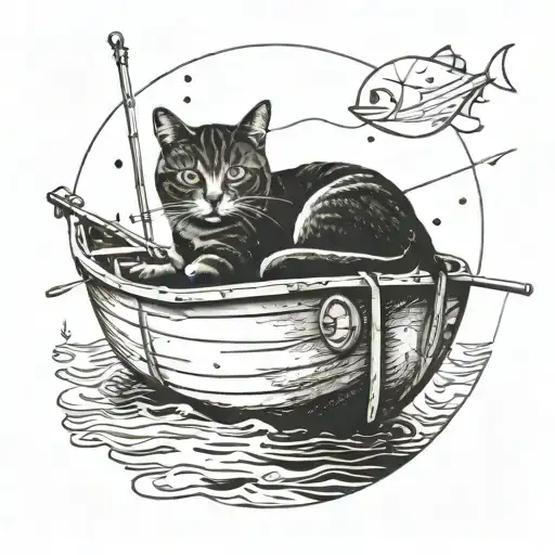 A Serene Fishing Scene With A Cat Lounging On A Boat