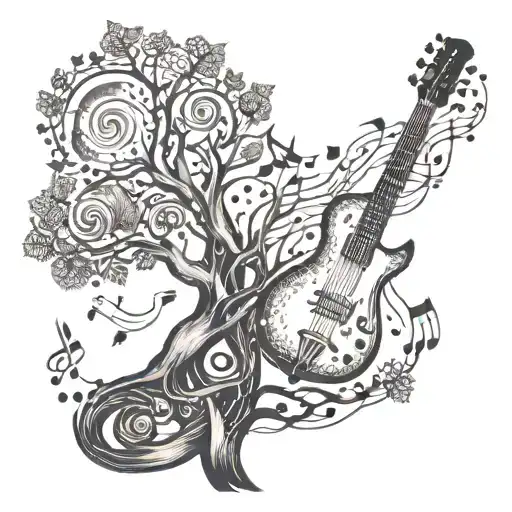 A Tree Composed Of Musical Notes And Instruments Intertwined In Its Branches