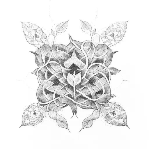 A Dotwork Tattoo Of A Non-binary Symbol Entwined With Vines And Flowers