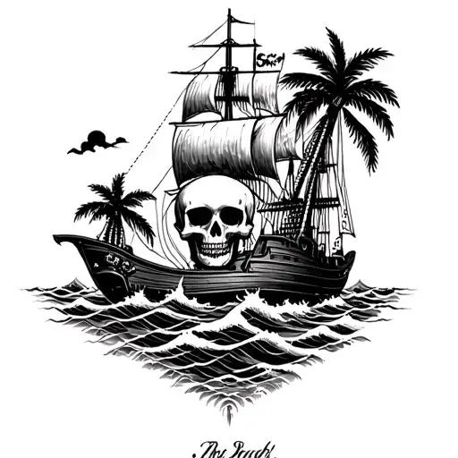 Pirate Island Skull Ship Palm Trees And Waves