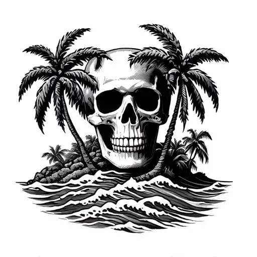 Pirate Island Skull Palm Trees And Waves Horizon Treasure