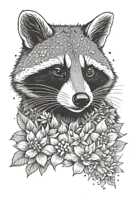 Raccoon Lies In Flowers
