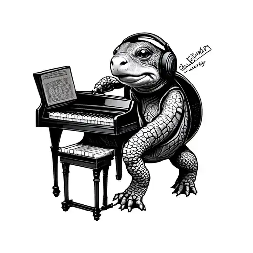 A Tortoise Wearing Headphones And Playing A Tiny Piano