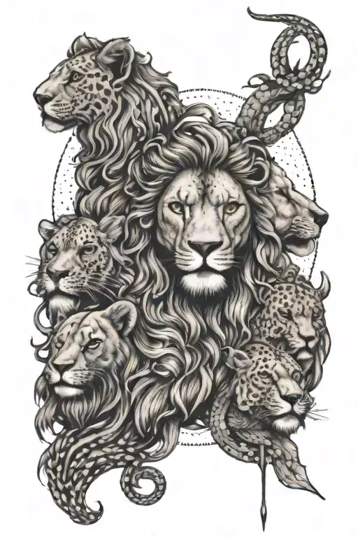 1 Aquarius Woman Surrounded By 3 Capricorn Heads And Outside A Lion And A Lioness