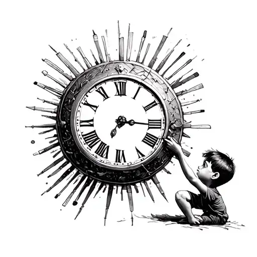 A Boy Try To Push Back The Needles Of A Giant Clock