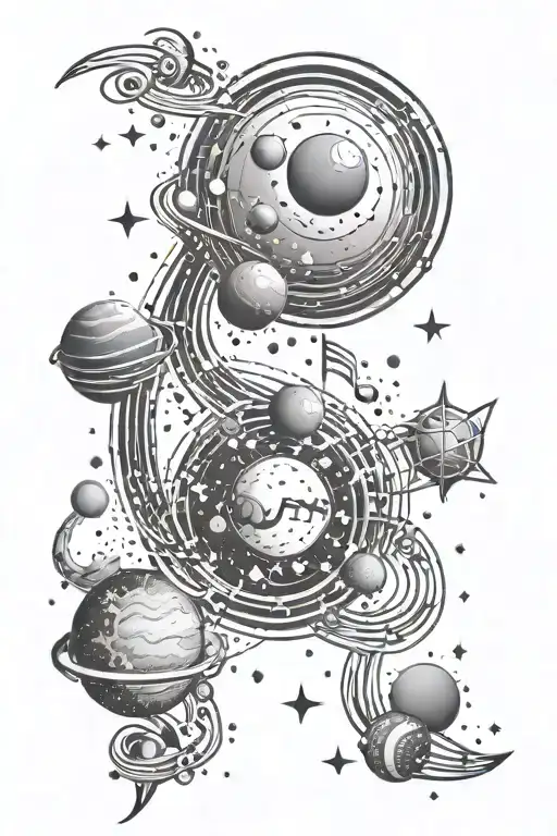 A Celestial Design Featuring Stars And Planets Arranged Like Musical Notes
