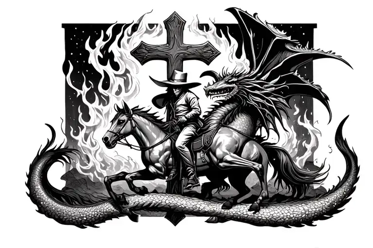 Western Undead Dragon Wrapping Around A Cross Surrounded By A Undead Flaming Cowboy On A Horse