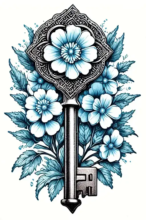 Old Key With Intricate Patterns And A Forget-me-not Flower Branch