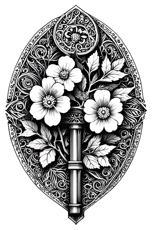 Old Key With Intricate Patterns And A Forget-me-not Flower Branch