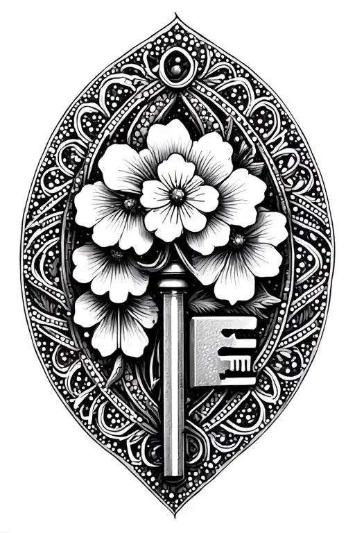 Old Key With Intricate Patterns And A Forget-me-not Flower Branch
