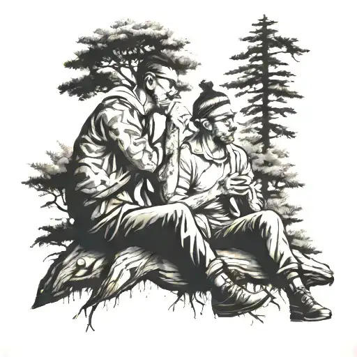 Brothers Relaxing With A Cigarette Amidst Towering Trees In The Forest