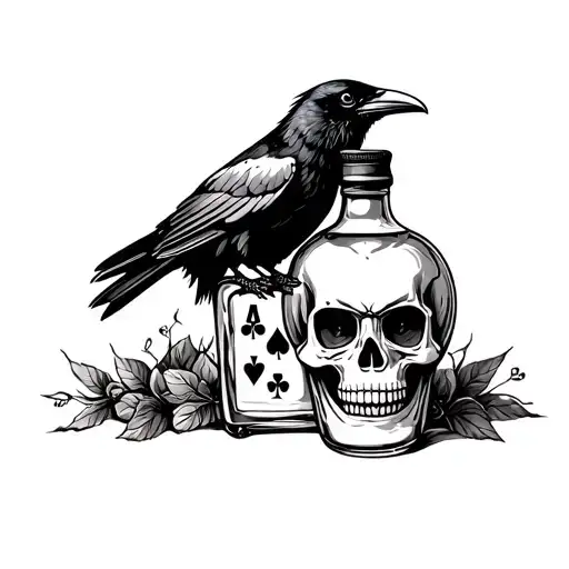 A Bottle Of Rum With A Raven Perched On Top And A Skull With Playing Card Symbols As Eyes