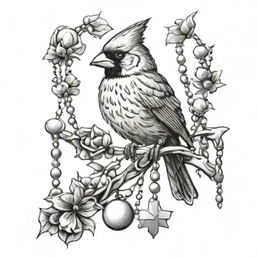 Cardinal Perched On A Rosary Beads Intertwined