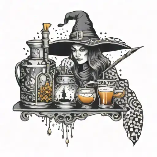 An Intricate Design Of A Witch Brewing Potions With A Background Of Trippy Patterns