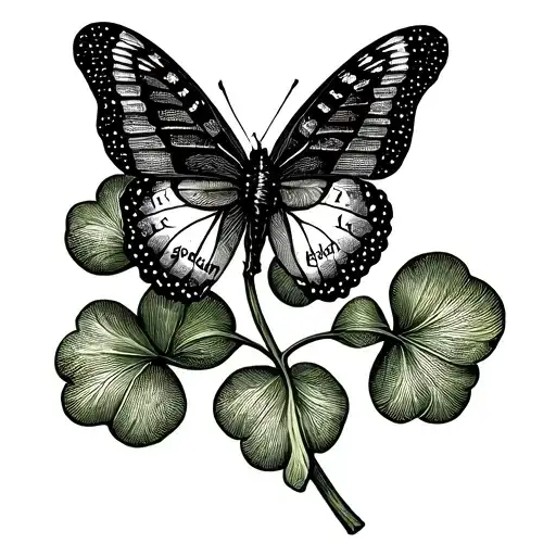 A Butterfly Perched Atop A Five Leave Clover With The Word Golden Written In Its Wings